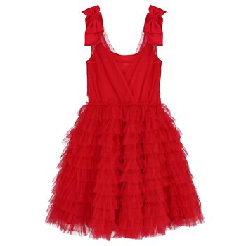 Girls Red Embellished Sequined Tulle Tiered Dress