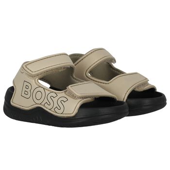 Boys Beige & Black Logo Sandals