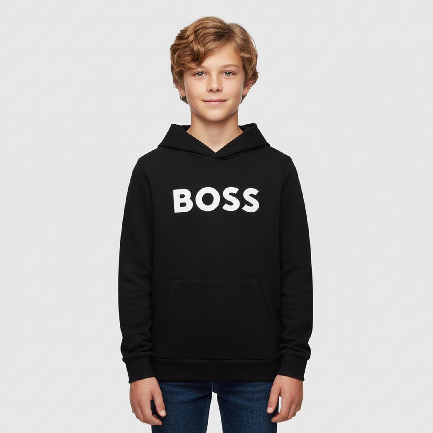 Boys Black Logo Hooded Top, 1, hi-res