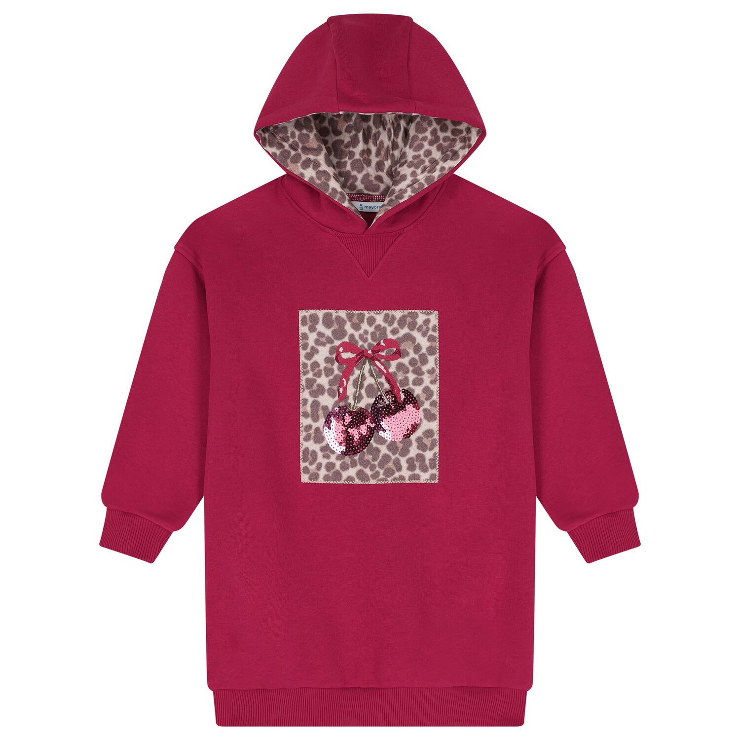 Girls Burgundy Embellished Cherry Hooded Sweatshirt Dress, 2, hi-res