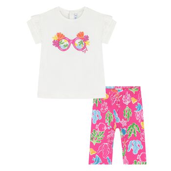 Younger Girls White & Pink  Floral Leggings Set