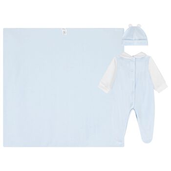 Baby Boys White & Blue Teddy Bear Babygrow Gift Set