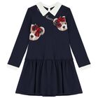 Girls Navy Blue Bow Dress, 2, hi-res