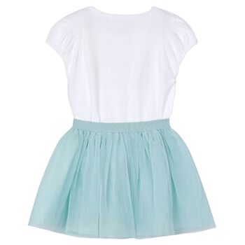 Girls White & Aqua Tulle Skirt Set