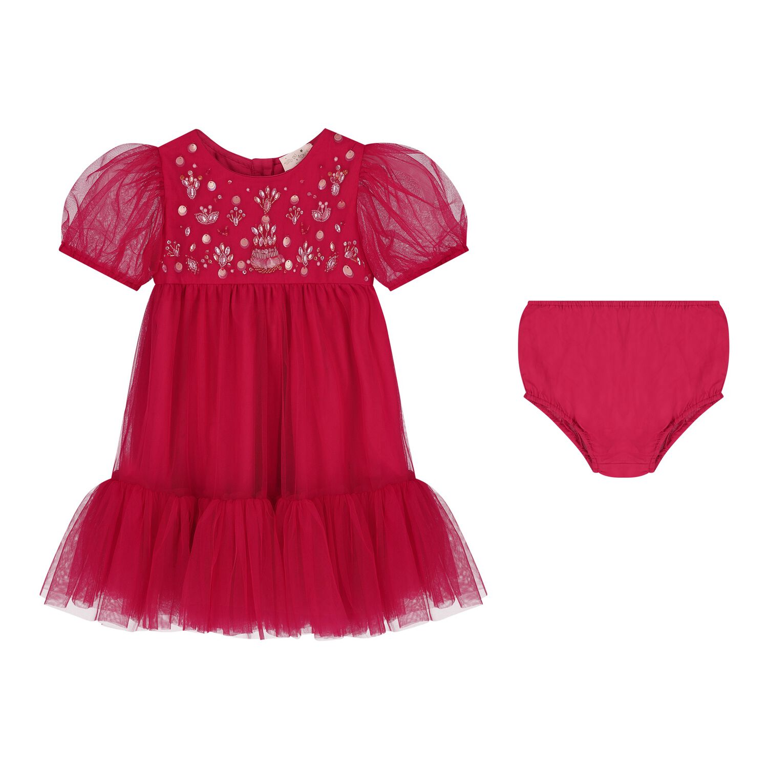 Baby Girls Red Embellished Tulle Dress Set, 1, hi-res