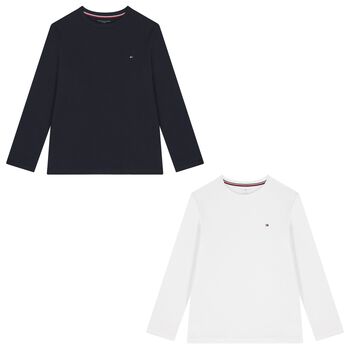 Boys White & Navy Blue Cotton Logo Long Sleeve Top( 2-Pack )