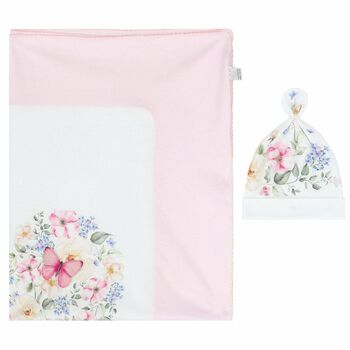 Baby Girls White & Pink Floral Blanket & Hat Gift Set