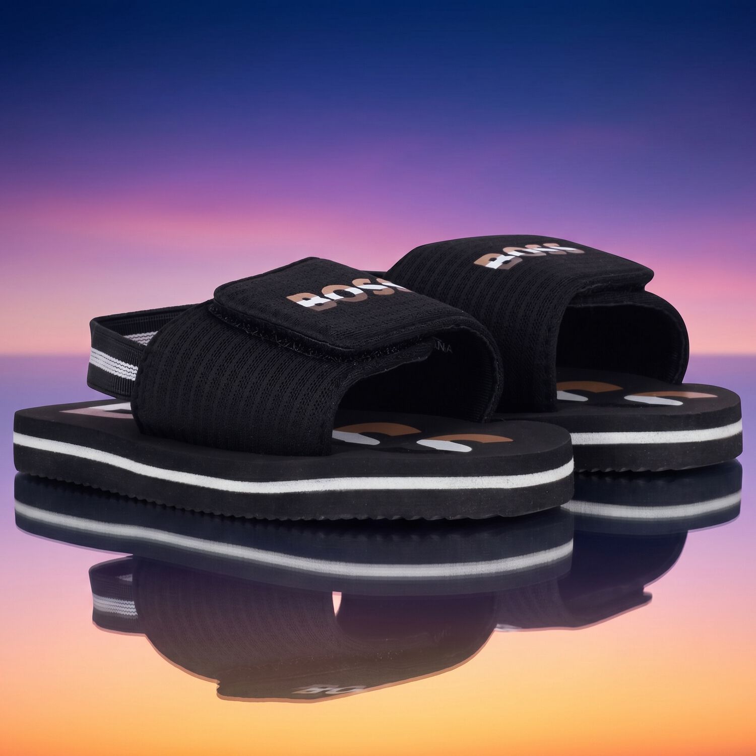 Boys Black Logo Sandals , 1, hi-res