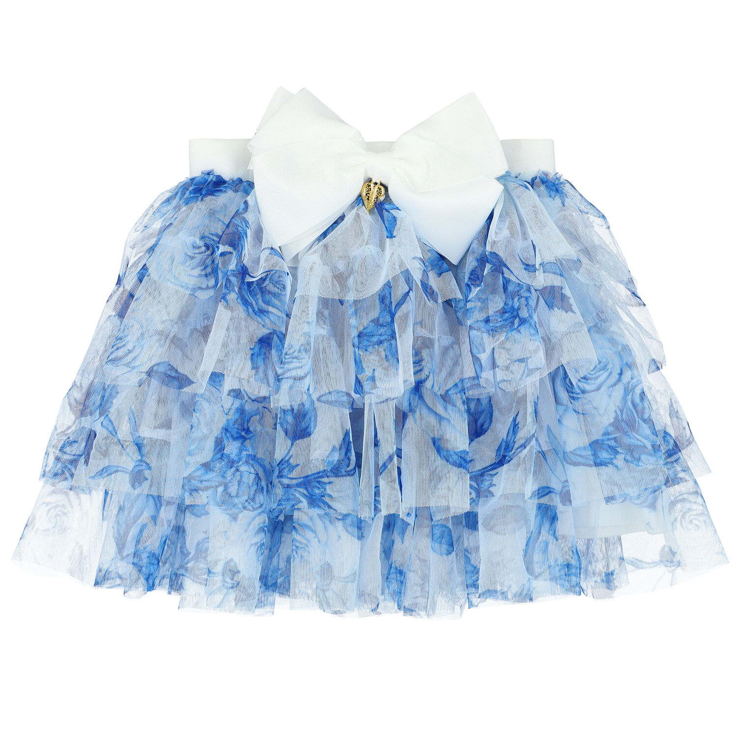 Girls White & Blue Floral Tulle Skirt, 1, hi-res