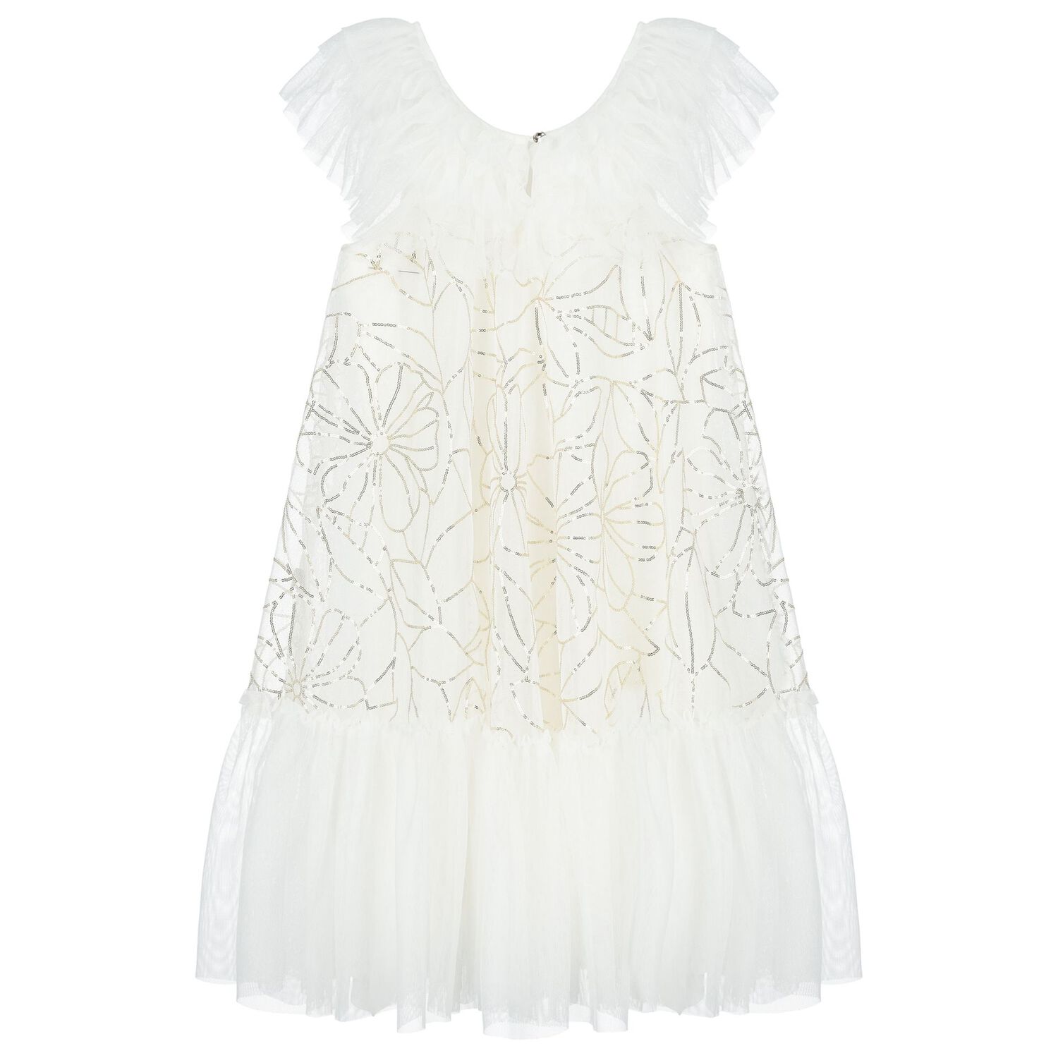 فستان بنات تول مزين بالترتر باللون العاجي, 1, hi-res image number null