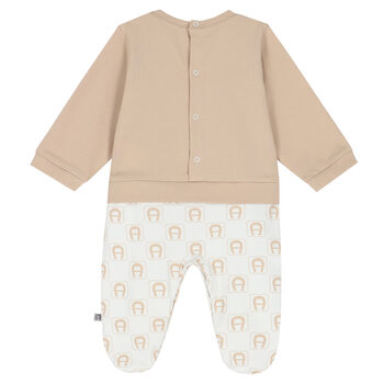 Beige & White Logo Babygrow