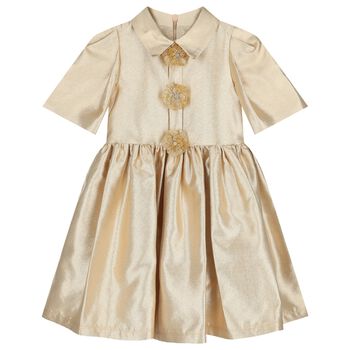 Girls Gold Flower Satin Twill Dress