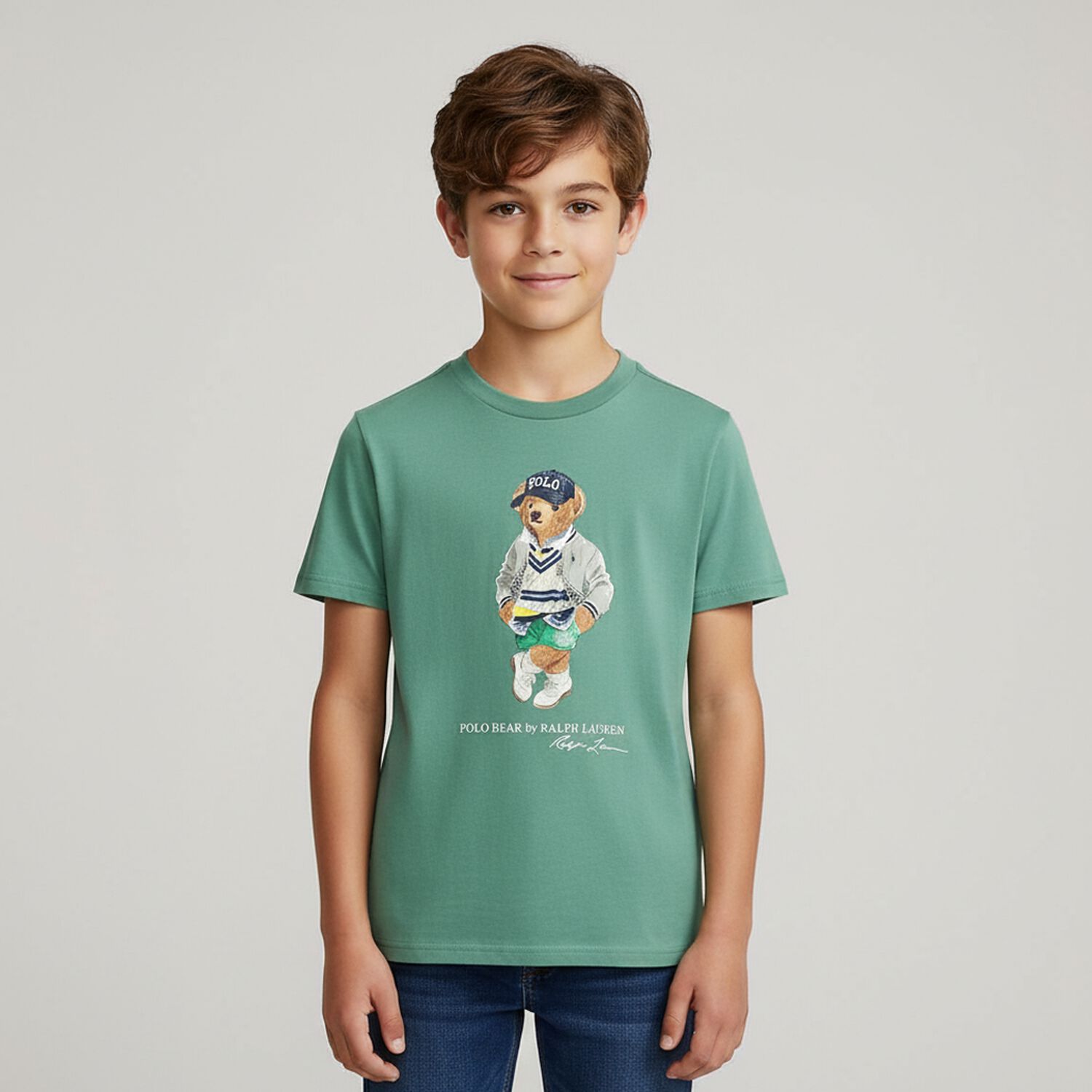 Boys Green Jersey Polo Bear T-Shirt, 1, hi-res
