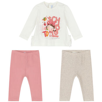 Younger Girls White, Pink & Beige Leggings Set