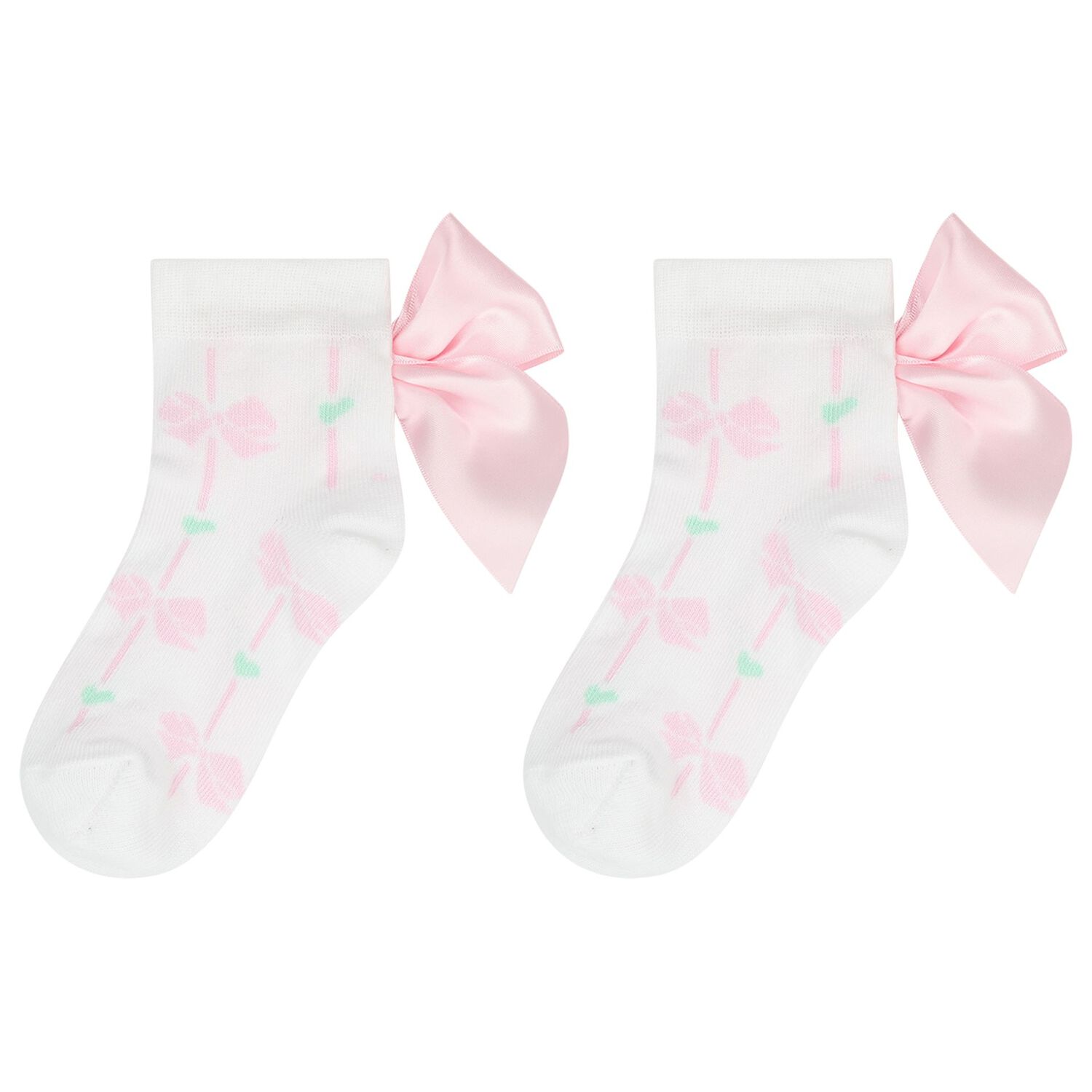Girls White & Pink Satin Bow Socks, 1, hi-res