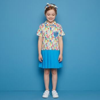 Girls White & Blue Logo Pleated Dress