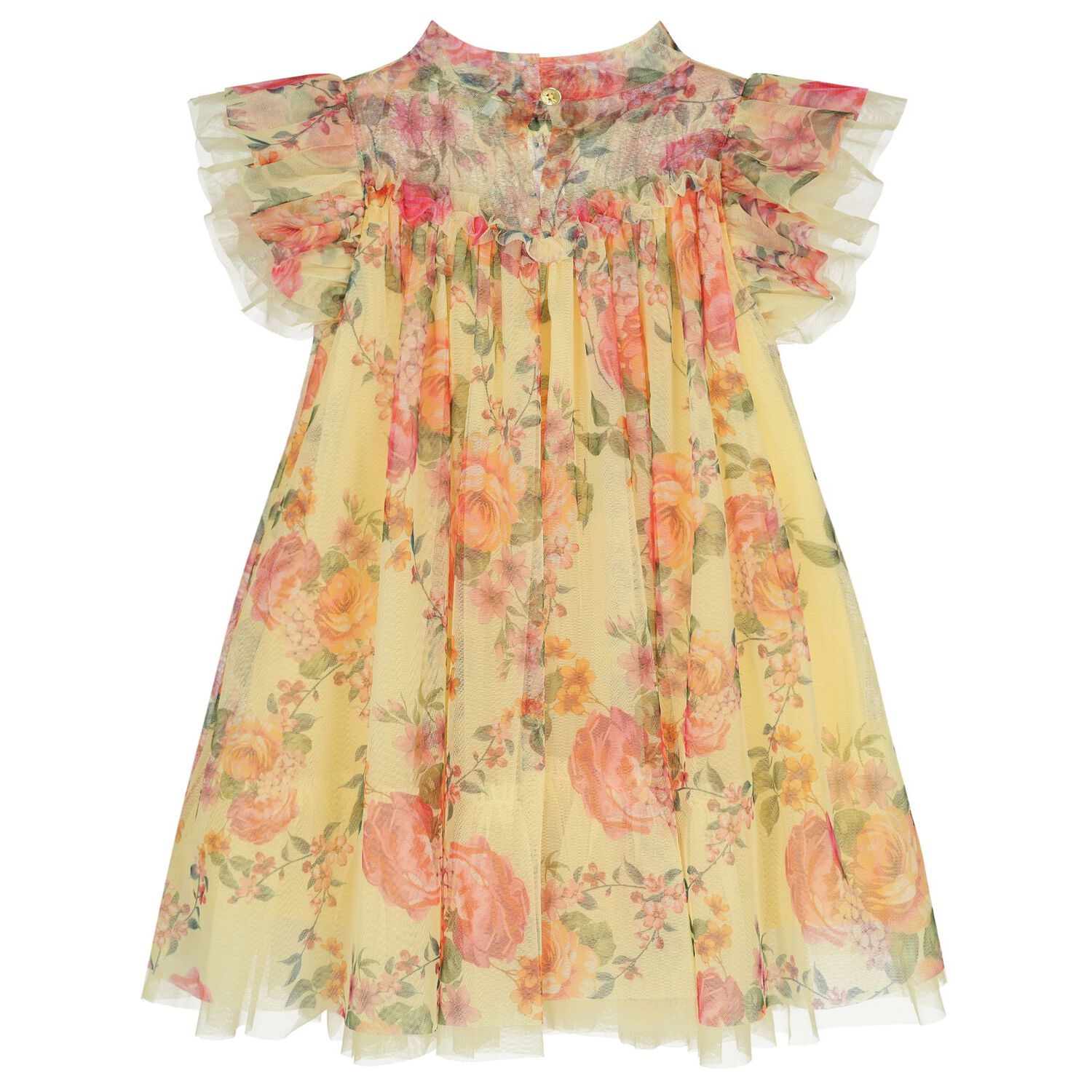Girls Yellow & Pink Floral Tulle Dress, 2, hi-res