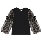 Girls Black Leopard Tulle Long Sleeve Top, 1, hi-res