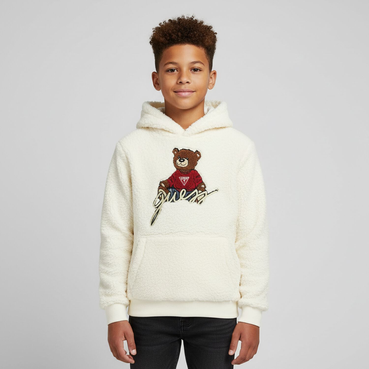 Ivory Teddy Bear Logo Sherpa Hooded Top, 1, hi-res image number null