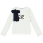 Girls Ivory & Navy Blue Bow Long Sleeve Top, 1, hi-res
