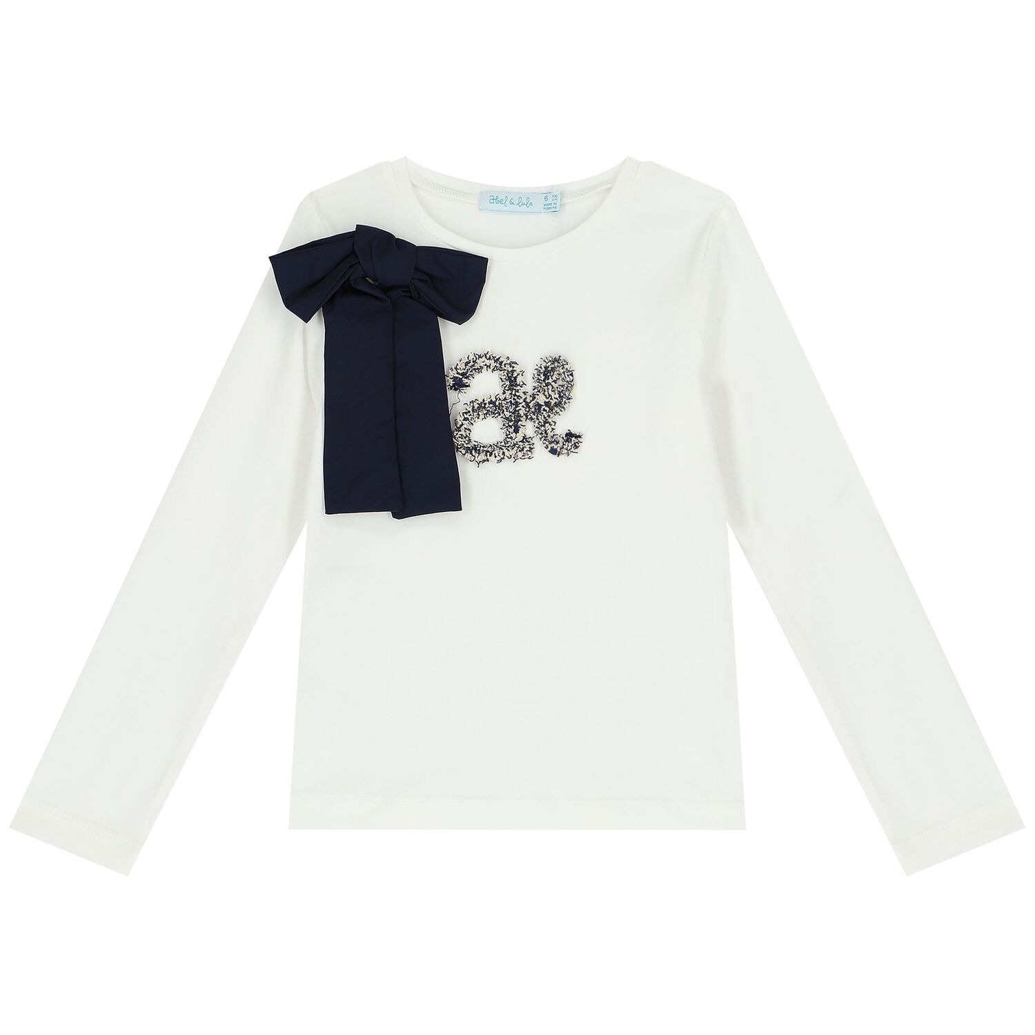 Girls Ivory & Navy Blue Bow Long Sleeve Top, 1, hi-res image number null