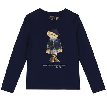 Girls Navy Bear Long Sleeve Top