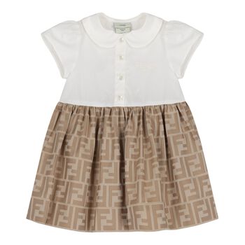 Baby Girls White & Beige FF Logo Dress