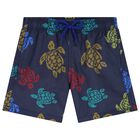 Boys Navy Blue Turtle Swim Shorts, 1, hi-res