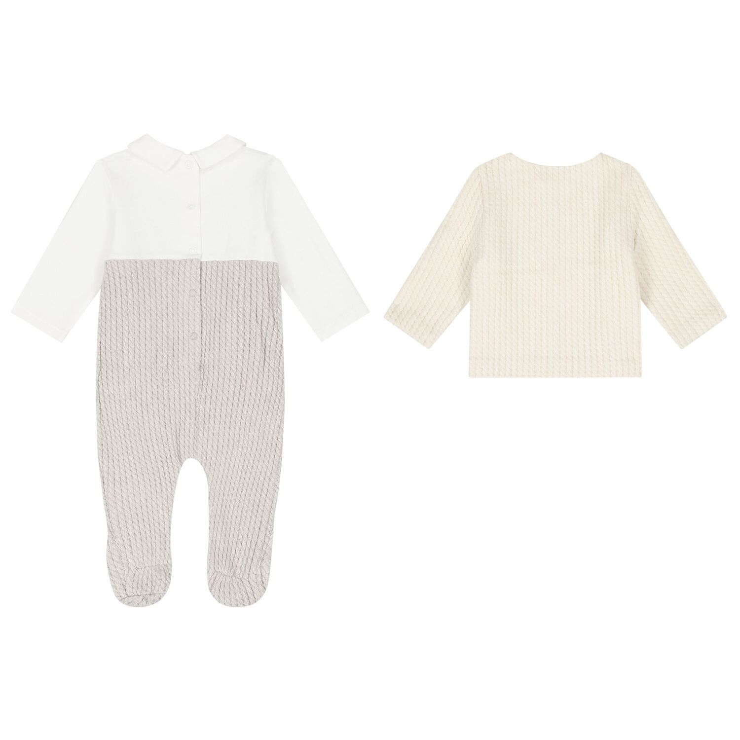Baby Boys Ivory & Beige Knitted Babygrow Set, 1, hi-res