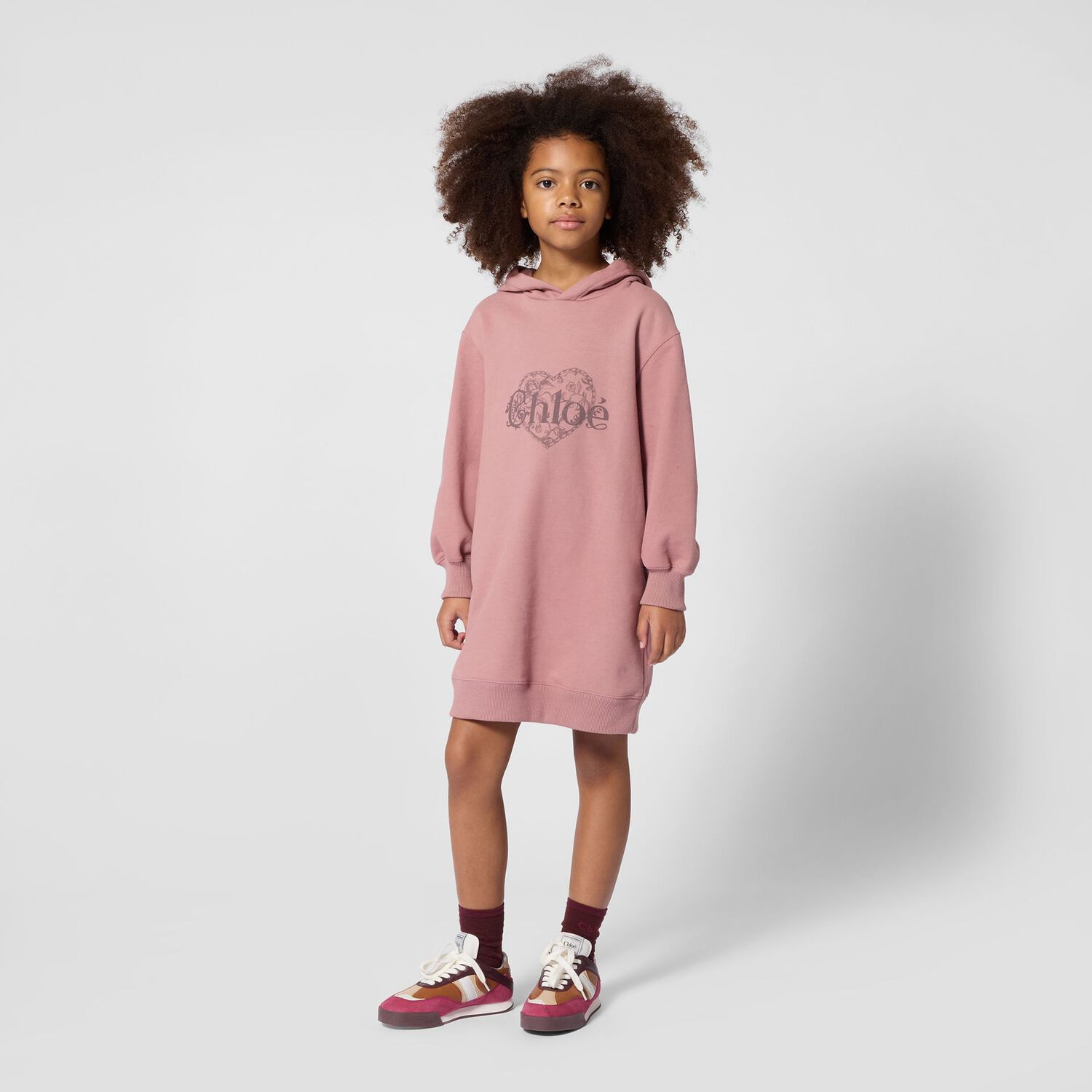 Girls Pink Heart Logo Hooded Dress, 2, hi-res