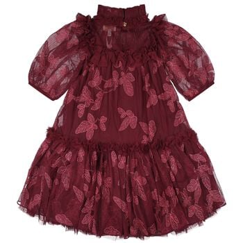 Girls Burgundy Leaf Embroidery Tulle Myrtisa Dress
