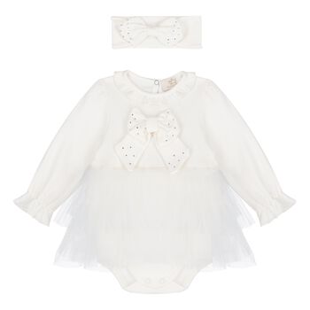 Caramelo Kids Baby Girls Ivory Bow Tulle Dress Set , 3 Baby Girls Ivory Bow Tulle Dress Set