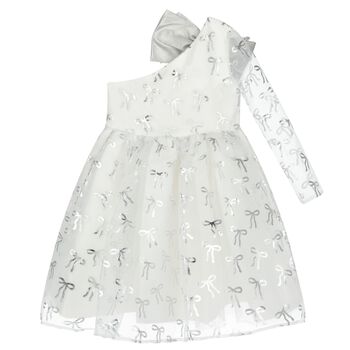 Girls White & Silver Bow Dress