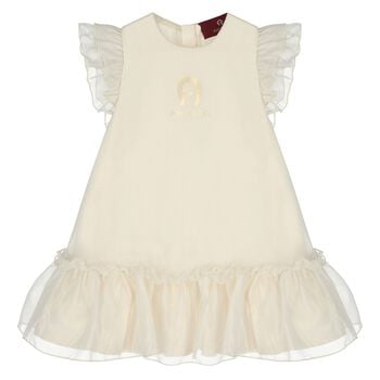 Younger Girls Beige & Gold Ruffled Dress