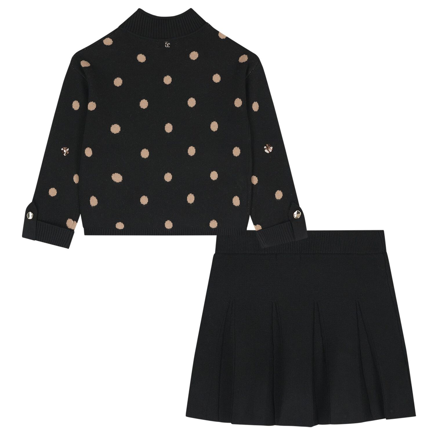 Girls Black & Beige Polka Dot Skirt Set, 1, hi-res
