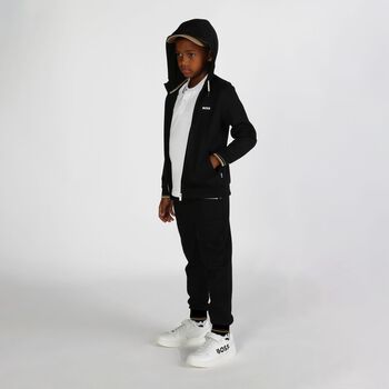 Boys Black Logo Hooded Zip Up Top