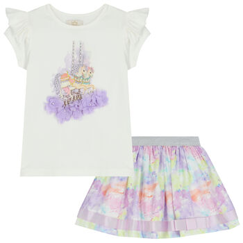 Girls White & Purple Embellished Skirt Set