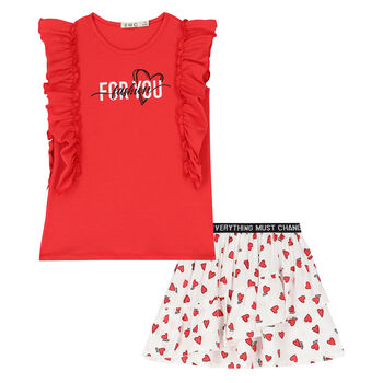 Girls Red & White Heart Skirt Set