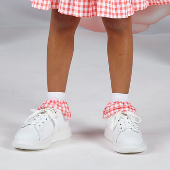 Girls White & Coral Gingham Socks