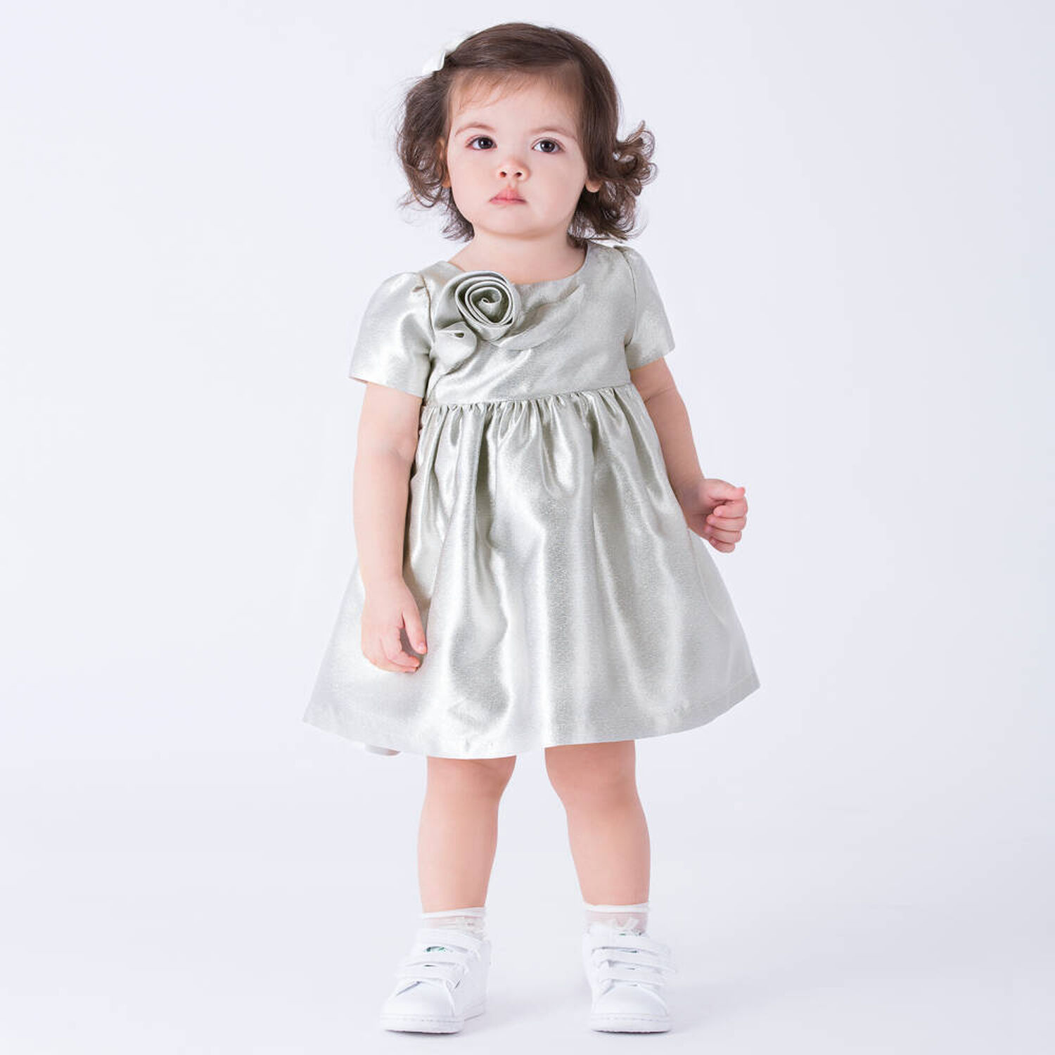 Baby Girls Silver Rose Satin Dress, 1, hi-res image number null