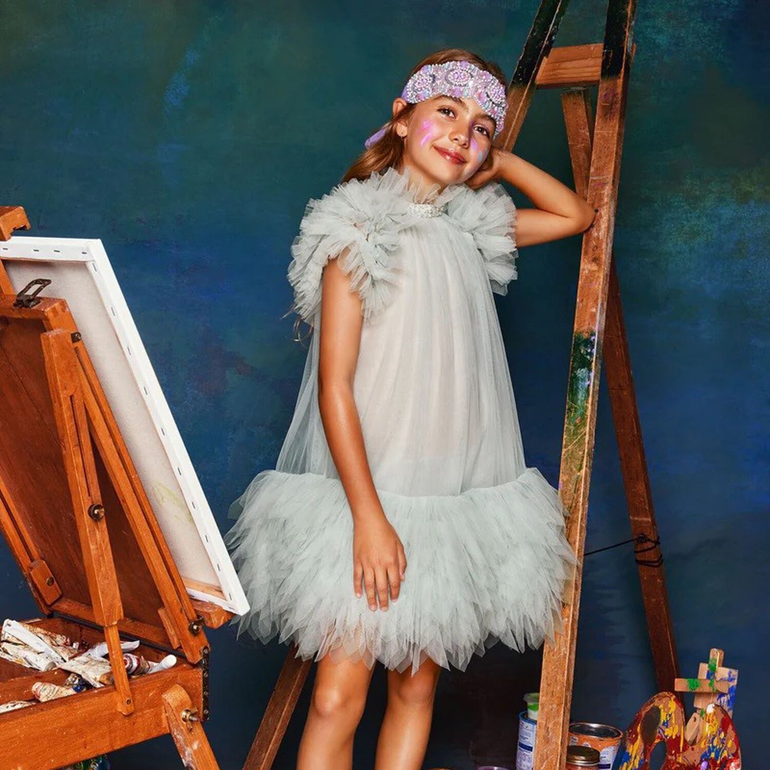 Girls Aqua Tulle Dress, 1, hi-res