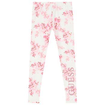 Girls White Logo Cherry Blossoms Leggings