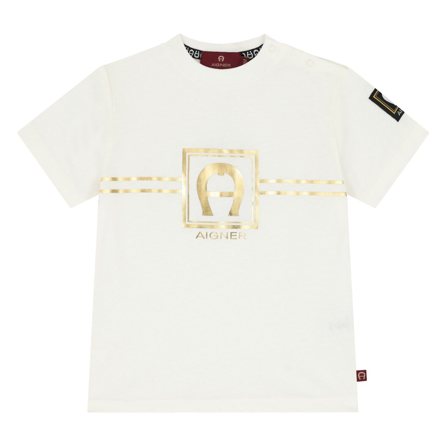 Younger Boys Ivory & Gold Logo T-Shirt, 1, hi-res