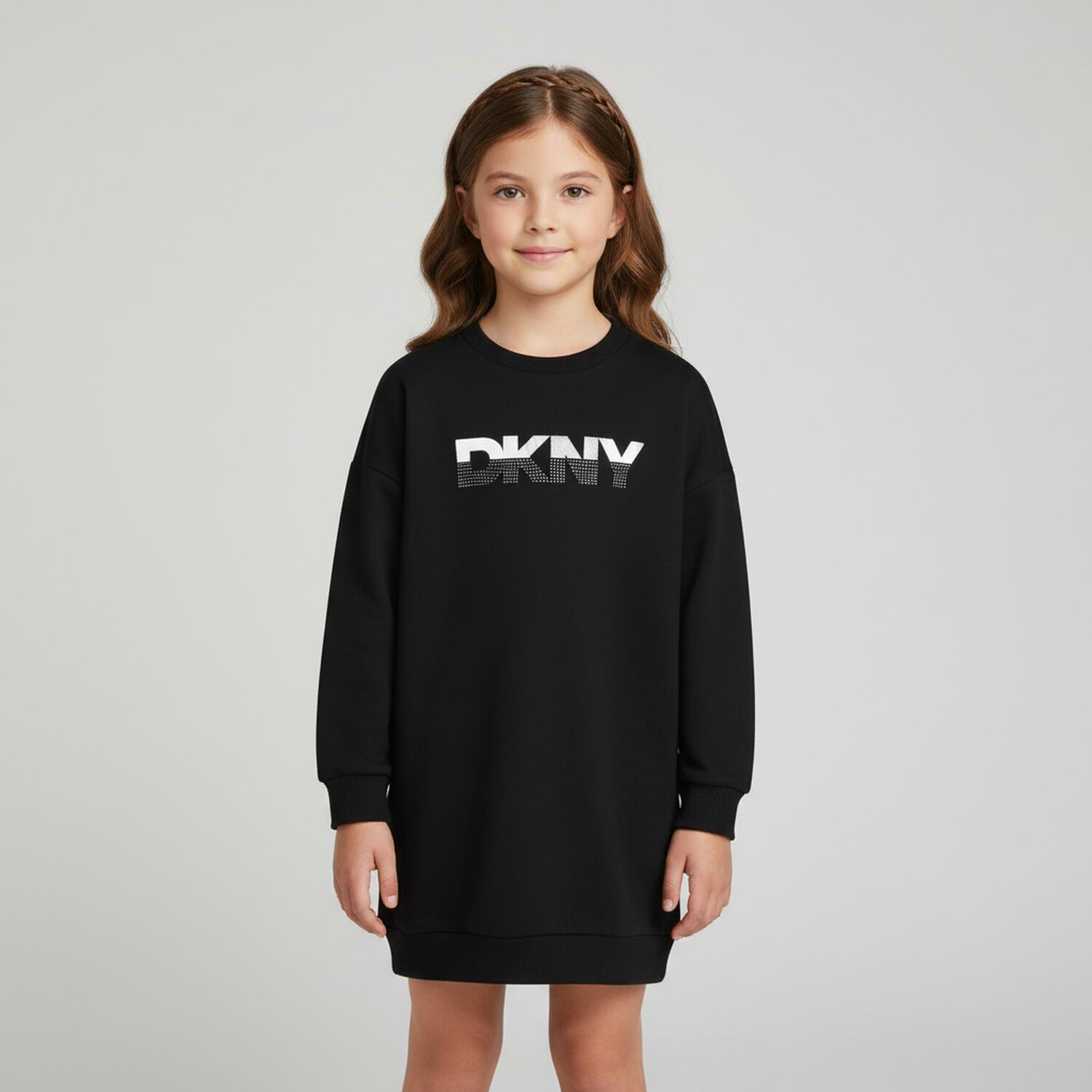 Girls Black Logo Sweatshirt Dress, 1, hi-res