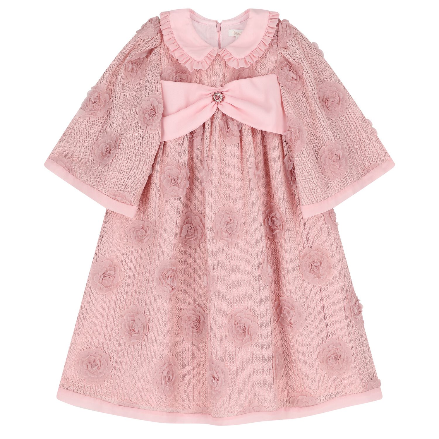 Girls Pink Bow & Flowers Dress, 1, hi-res