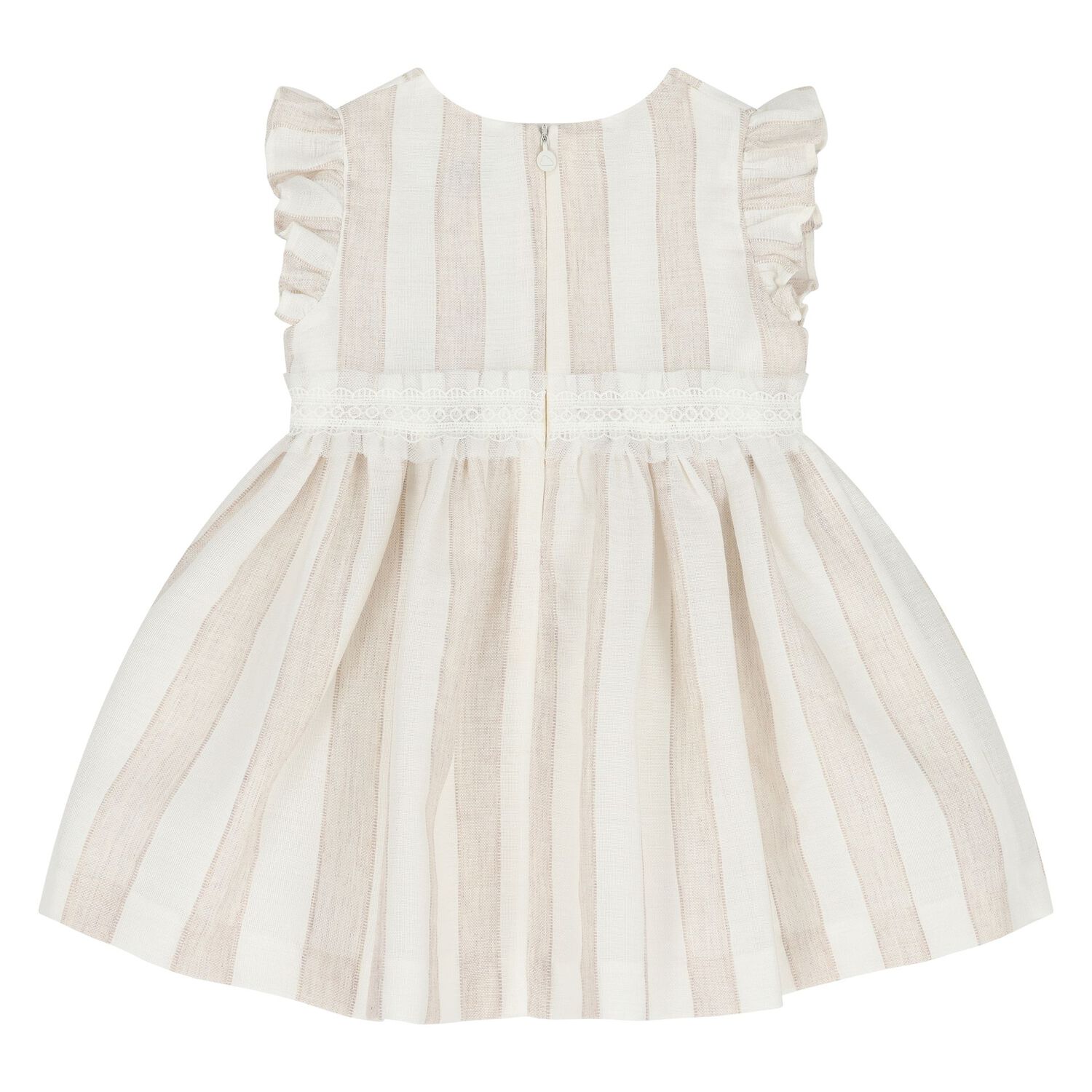 Younger Girls Ivory & Beige Striped Dress, 1, hi-res
