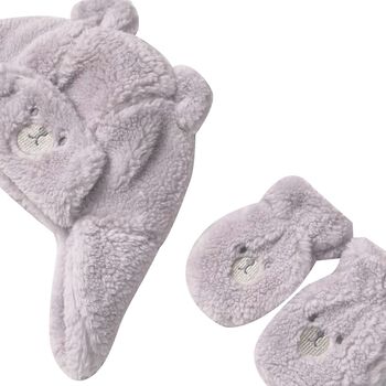 Grey Faux Fur Bear Hat & Mittens Set