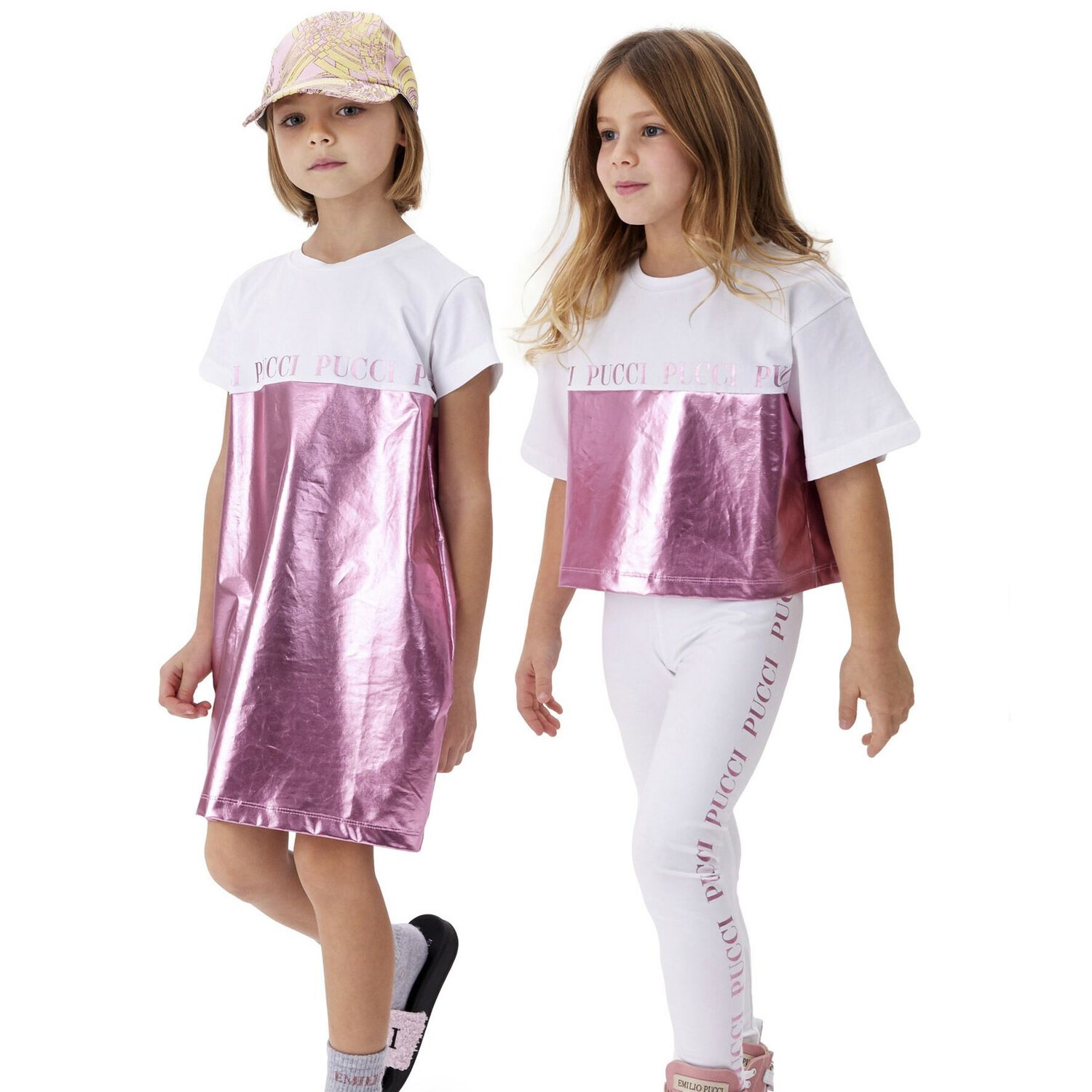 Girls White & Pink Metallic Logo Dress, 1, hi-res