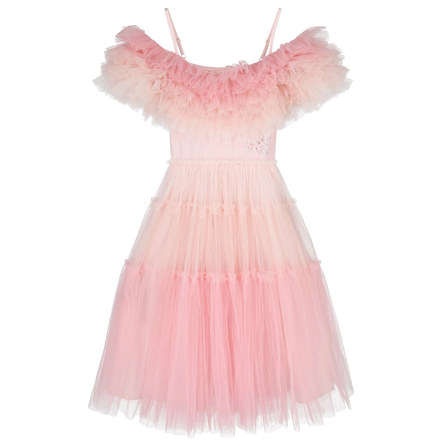 Girls Pink Embellished Ruffle Tulle Dress, 1, hi-res