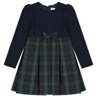 Girls Navy Blue & Green Tartan Bow Dress, 2, hi-res